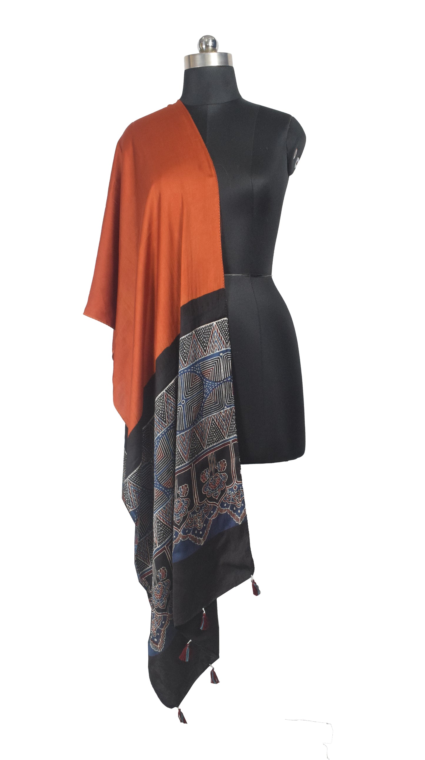 Ajrakh Modal Silk Part Natural Dye Half Plain Dyeing Hand Block Print Stole With Tassels - 2.1 Mtr Length    -  SKU : AI2690BG