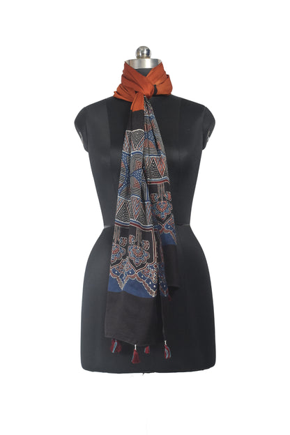 Ajrakh Modal Silk Part Natural Dye Half Plain Dyeing Hand Block Print Stole With Tassels - 2.1 Mtr Length    -  SKU : AI2690BG