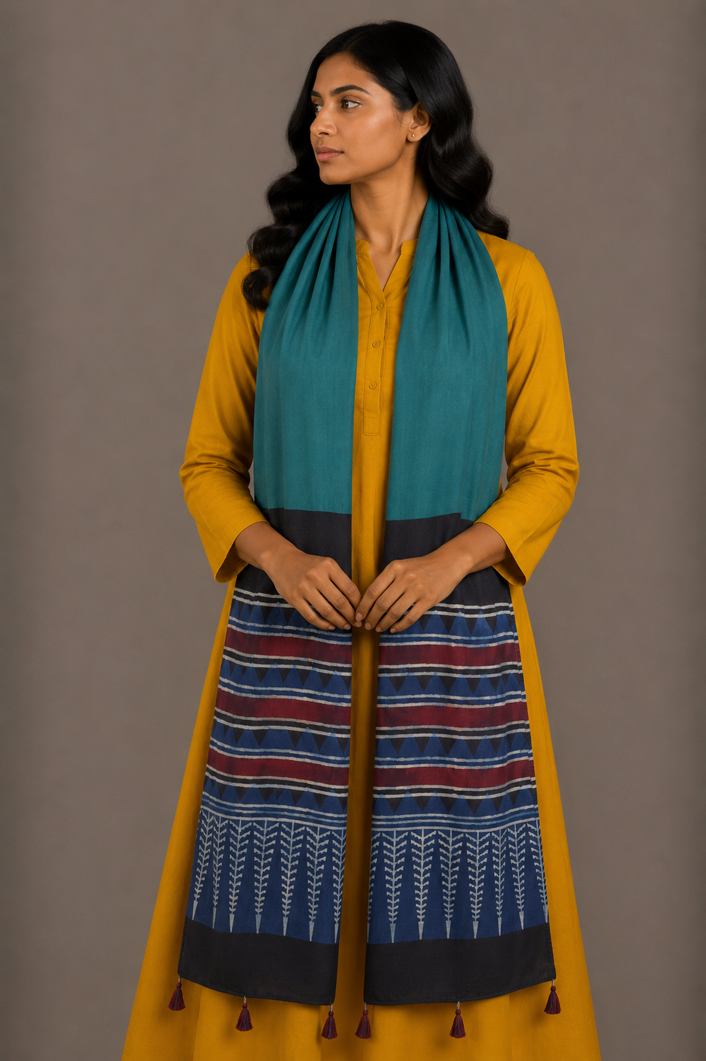 Ajrakh Modal Silk Part Natural Dye Half Plain Dyeing Hand Block Print Stole With Tassels - 2.1 Mtr Length    -  SKU : AI2690BH