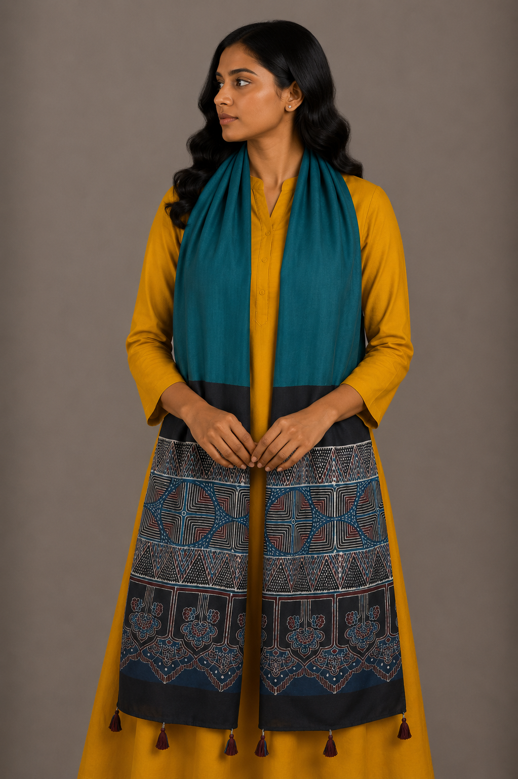 Ajrakh Modal Silk Part Natural Dye Half Plain Dyeing Hand Block Print Stole With Tassels - 2.1 Mtr Length    -  SKU : AI2690BJ