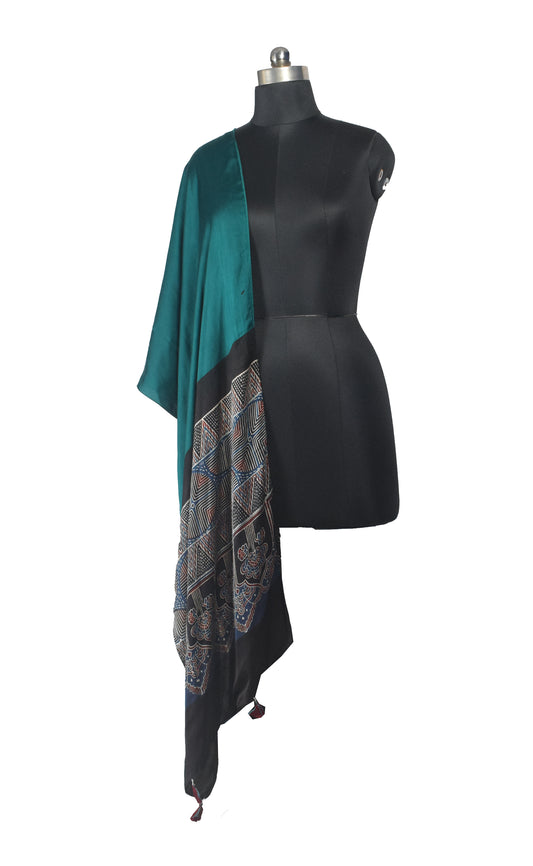 Ajrakh Modal Silk Part Natural Dye Half Plain Dyeing Hand Block Print Stole With Tassels - 2.1 Mtr Length    -  SKU : AI2690BJ