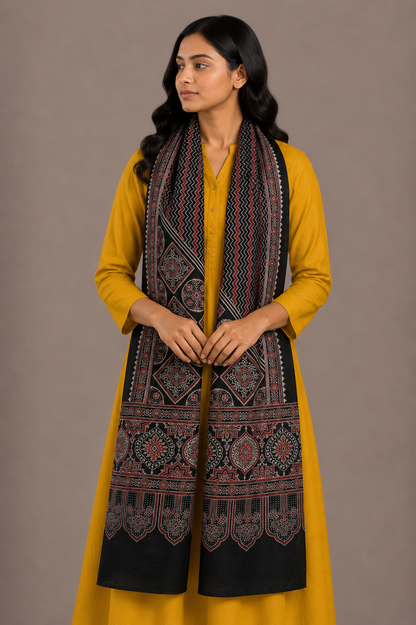 Ajrakh Mashru Silk Screen Print Hand Printed Stole  - 2.1 Mtr Length    -  SKU : JH24202B