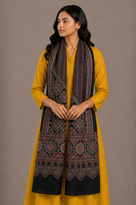 Ajrakh Mashru Silk Screen Print Hand Printed Stole  - 2.1 Mtr Length    -  SKU : JH24202B