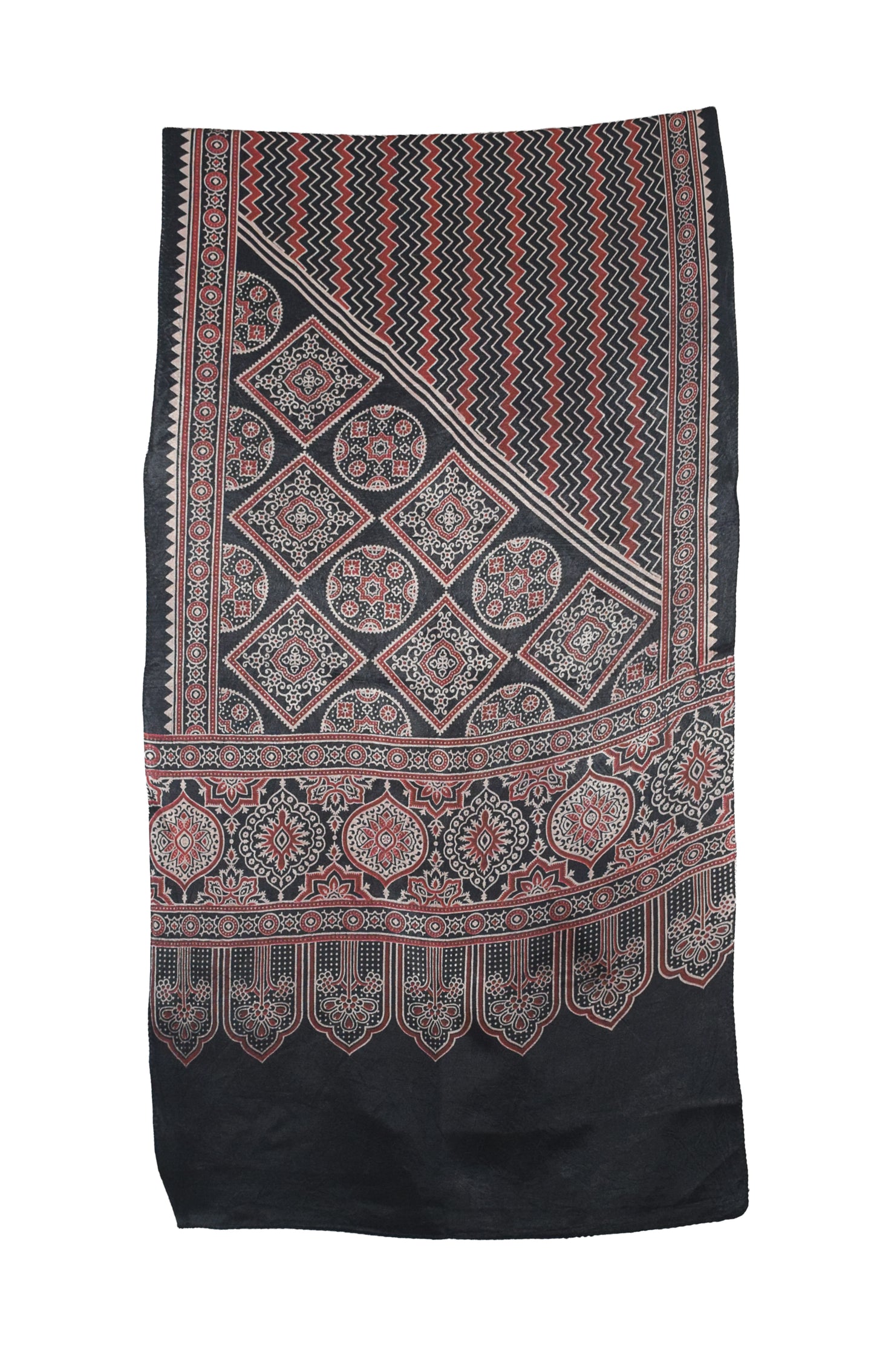 Ajrakh Mashru Silk Screen Print Hand Printed Stole  - 2.1 Mtr Length    -  SKU : JH24202B