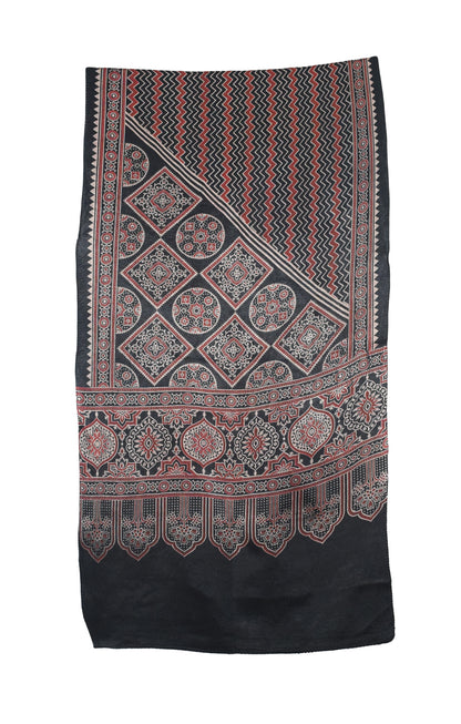 Ajrakh Mashru Silk Screen Print Hand Printed Stole  - 2.1 Mtr Length    -  SKU : JH24202B