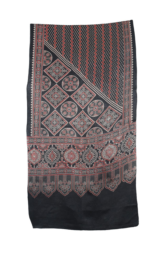 Ajrakh Mashru Silk Screen Print Hand Printed Stole  - 2.1 Mtr Length    -  SKU : JH24202B