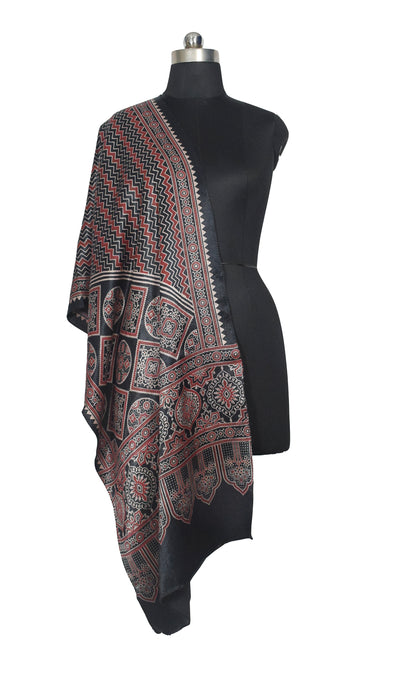 Ajrakh Mashru Silk Screen Print Hand Printed Stole  - 2.1 Mtr Length    -  SKU : JH24202B