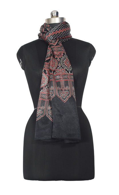 Ajrakh Mashru Silk Screen Print Hand Printed Stole  - 2.1 Mtr Length    -  SKU : JH24202B