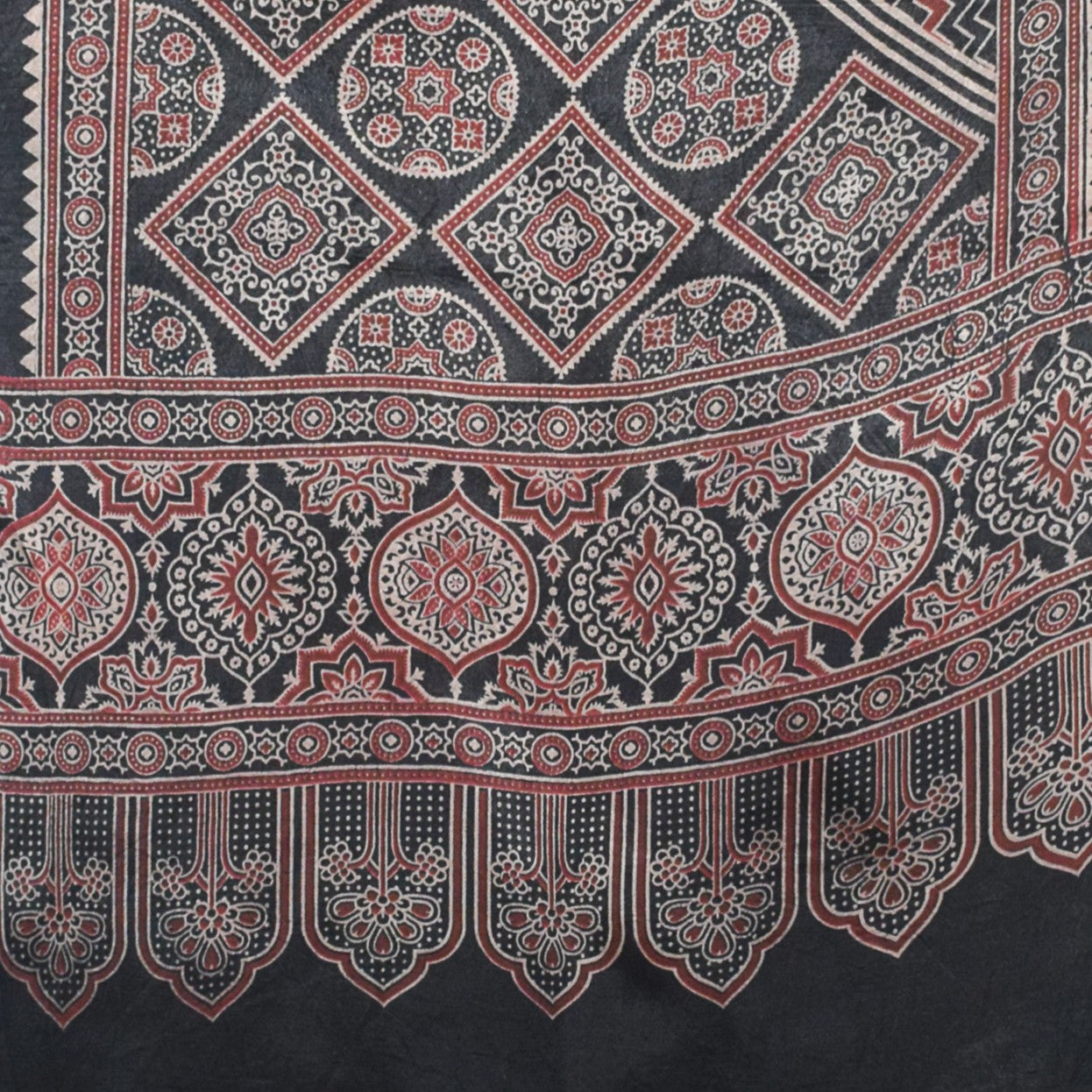 Ajrakh Mashru Silk Screen Print Hand Printed Stole  - 2.1 Mtr Length    -  SKU : JH24202B