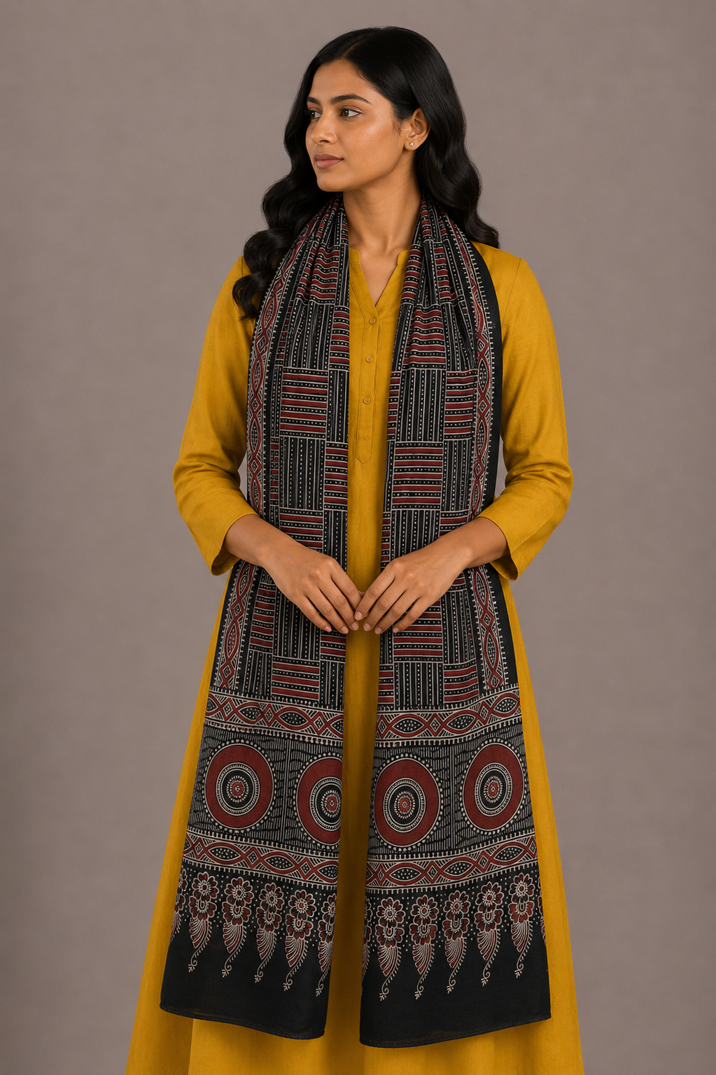 Ajrakh Mashru Silk Screen Print Hand Printed Stole  - 2.1 Mtr Length    -  SKU : JH24202F