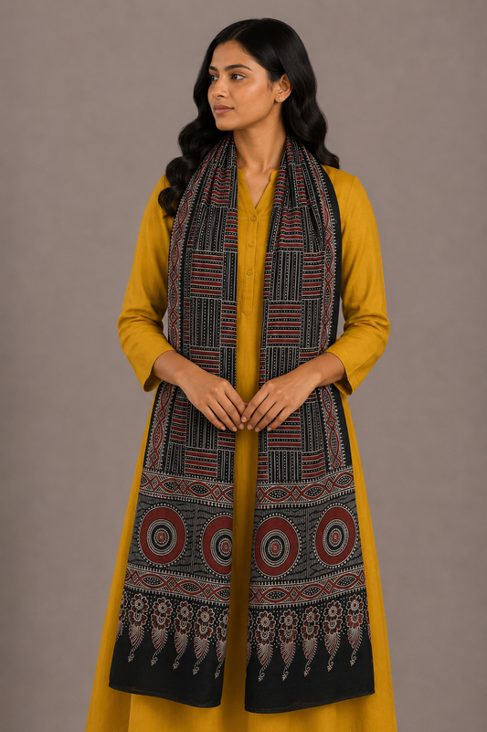 Ajrakh Mashru Silk Screen Print Hand Printed Stole  - 2.1 Mtr Length    -  SKU : JH24202F