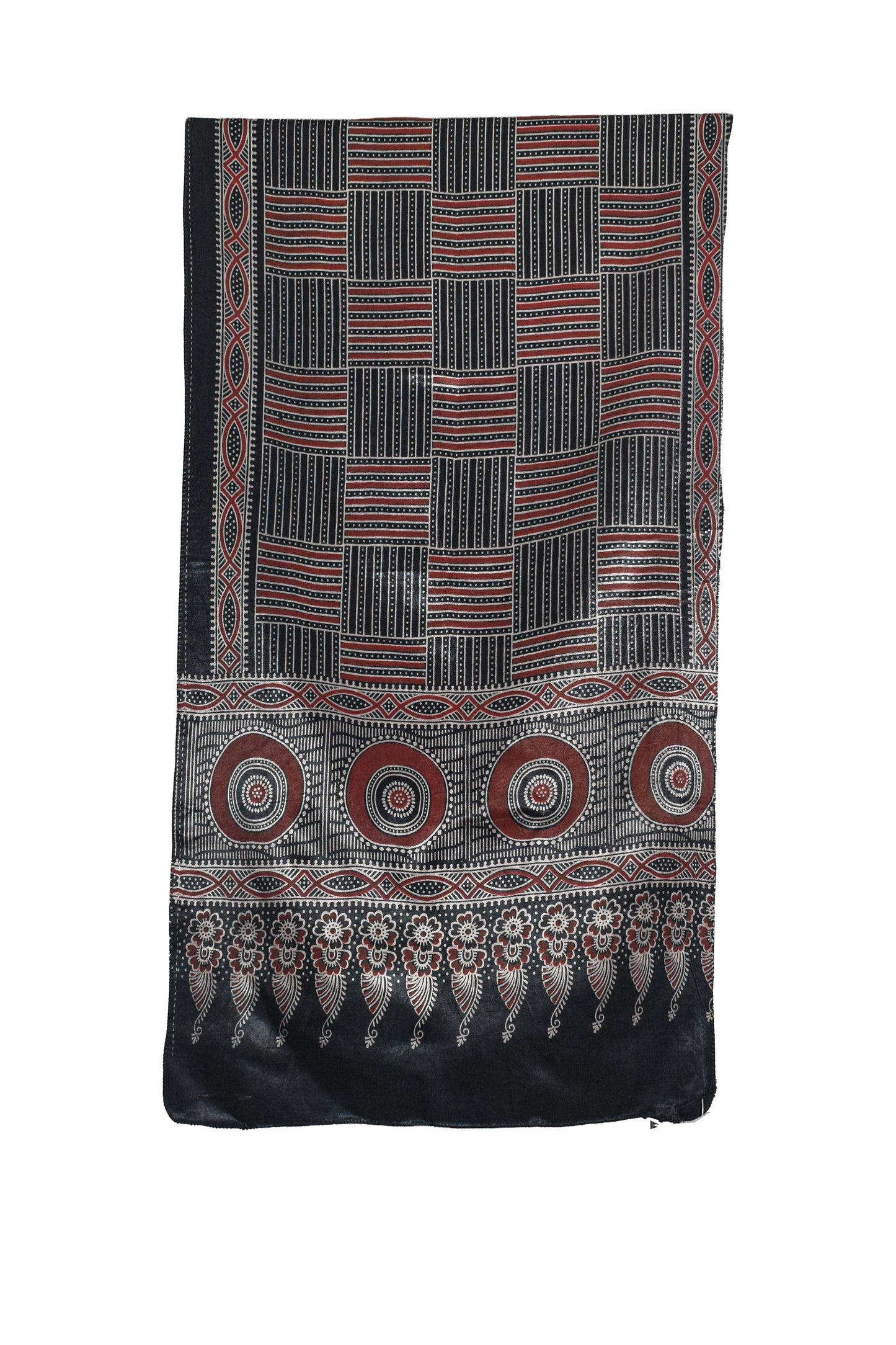 Ajrakh Mashru Silk Screen Print Hand Printed Stole  - 2.1 Mtr Length    -  SKU : JH24202F
