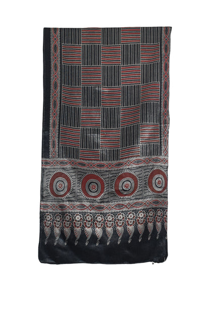 Ajrakh Mashru Silk Screen Print Hand Printed Stole  - 2.1 Mtr Length    -  SKU : JH24202F