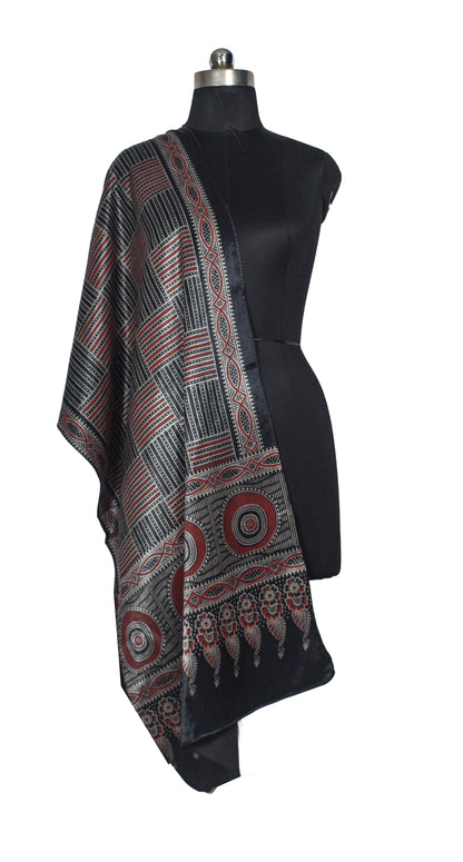 Ajrakh Mashru Silk Screen Print Hand Printed Stole  - 2.1 Mtr Length    -  SKU : JH24202F
