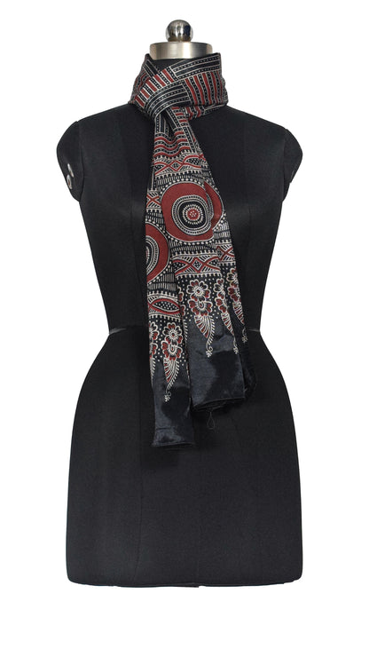 Ajrakh Mashru Silk Screen Print Hand Printed Stole  - 2.1 Mtr Length    -  SKU : JH24202F