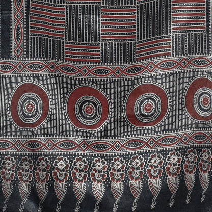 Ajrakh Mashru Silk Screen Print Hand Printed Stole  - 2.1 Mtr Length    -  SKU : JH24202F