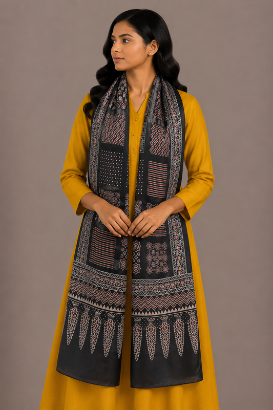 Ajrakh Mashru Silk Screen Print Hand Printed Stole  - 2.1 Mtr Length    -  SKU : JH24202G