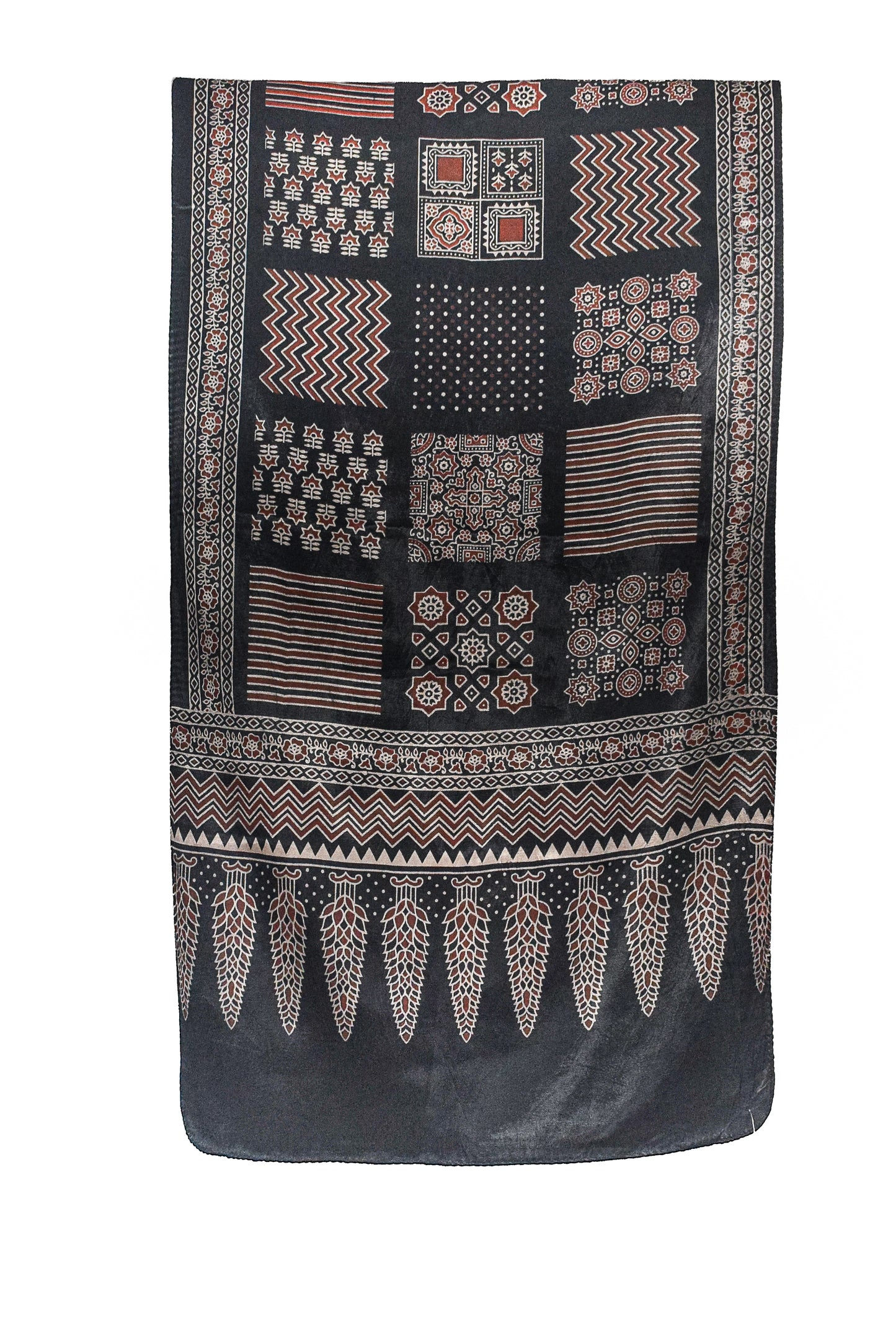 Ajrakh Mashru Silk Screen Print Hand Printed Stole  - 2.1 Mtr Length    -  SKU : JH24202G