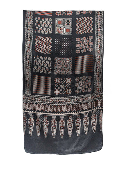 Ajrakh Mashru Silk Screen Print Hand Printed Stole  - 2.1 Mtr Length    -  SKU : JH24202G