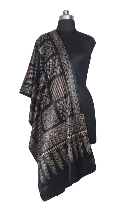Ajrakh Mashru Silk Screen Print Hand Printed Stole  - 2.1 Mtr Length    -  SKU : JH24202G