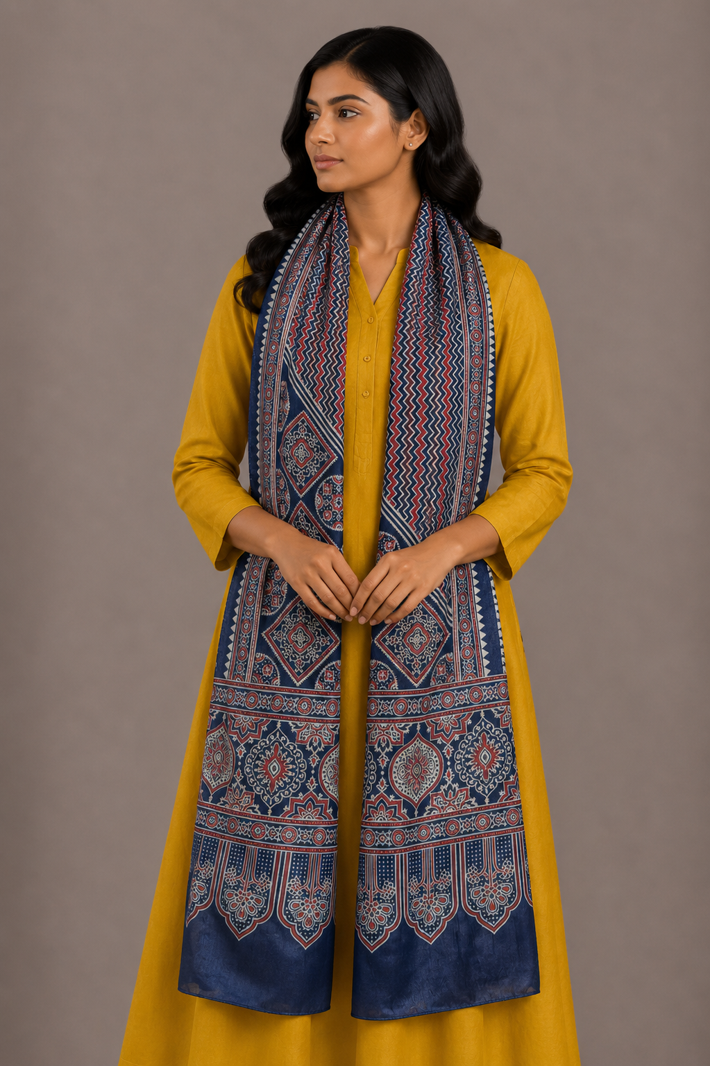 Ajrakh Mashru Silk Screen Print Hand Printed Stole  - 2.1 Mtr Length    -  SKU : JH24202C