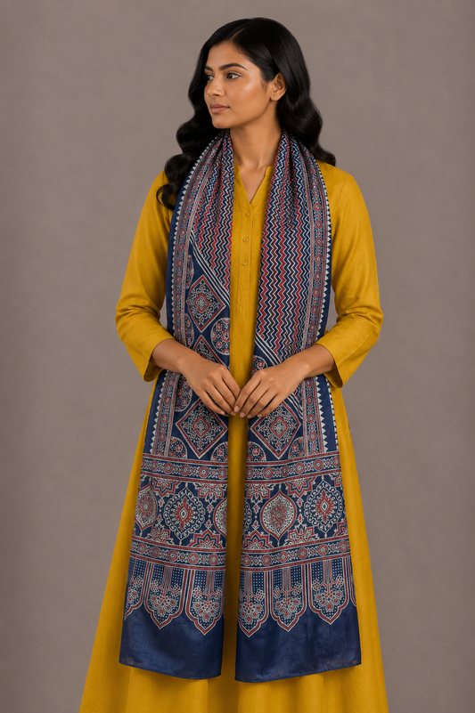 Ajrakh Mashru Silk Screen Print Hand Printed Stole  - 2.1 Mtr Length    -  SKU : JH24202C