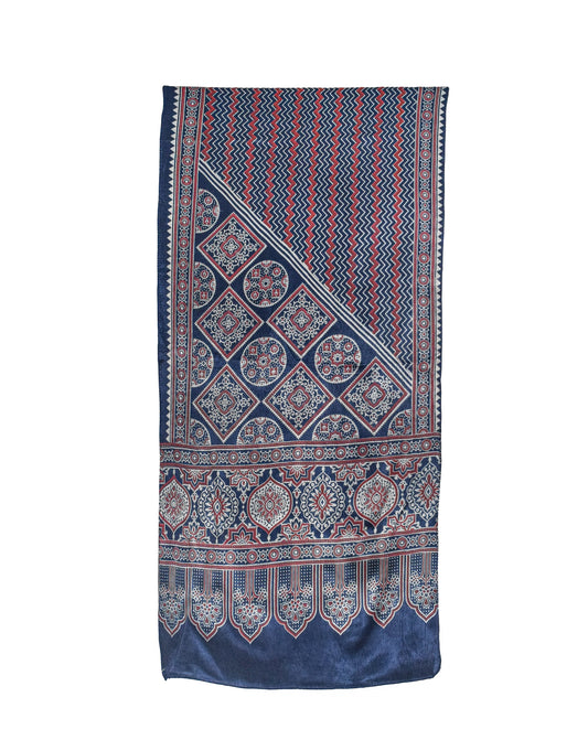Ajrakh Mashru Silk Screen Print Hand Printed Stole  - 2.1 Mtr Length    -  SKU : JH24202C
