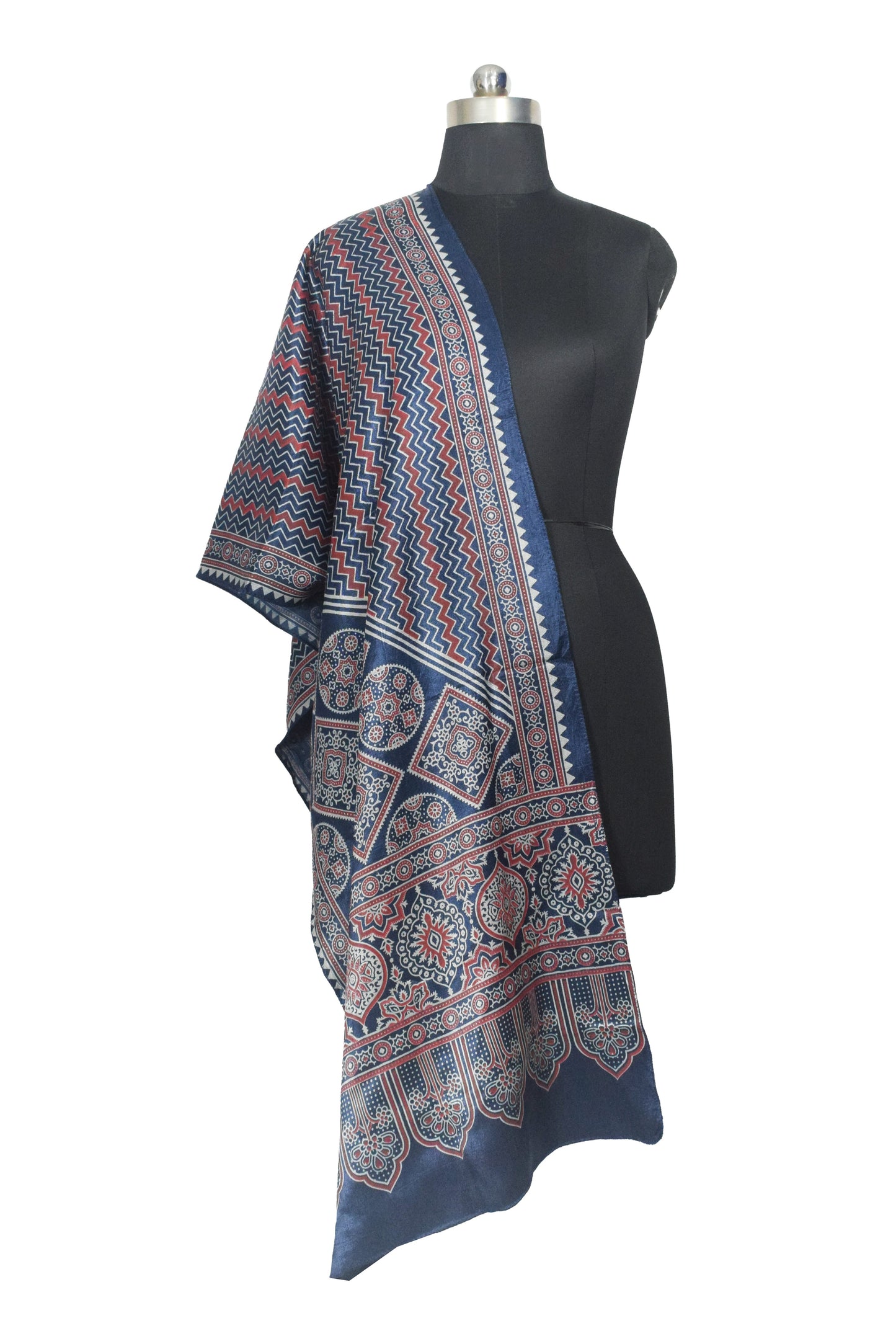 Ajrakh Mashru Silk Screen Print Hand Printed Stole  - 2.1 Mtr Length    -  SKU : JH24202C