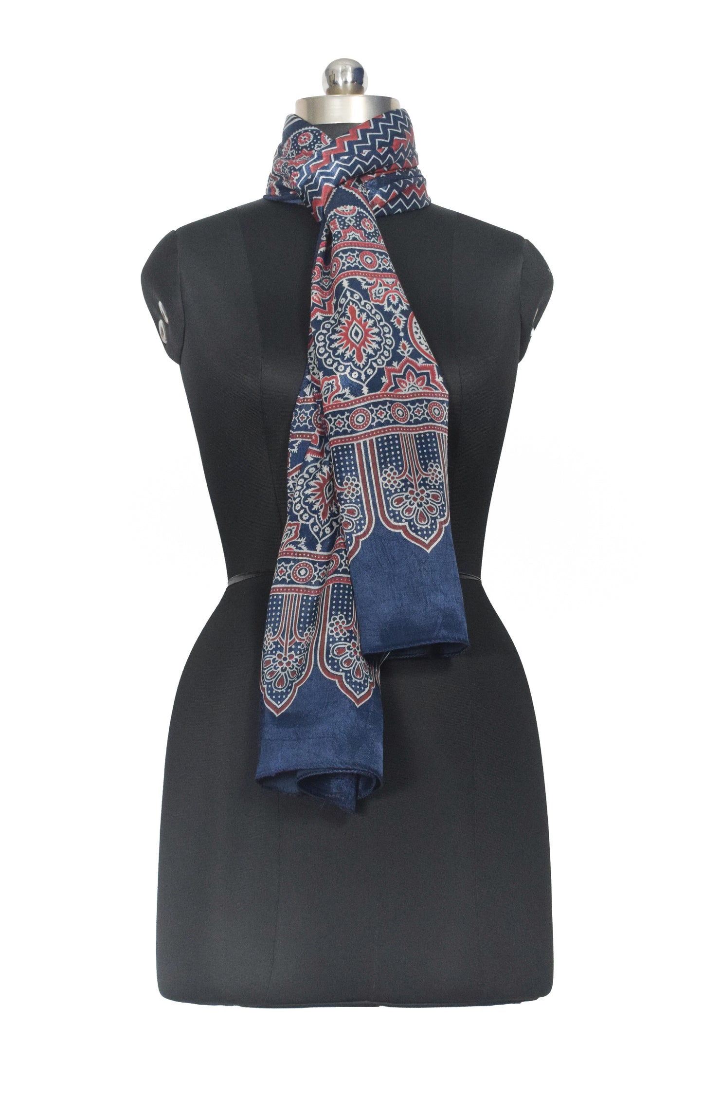 Ajrakh Mashru Silk Screen Print Hand Printed Stole  - 2.1 Mtr Length    -  SKU : JH24202C