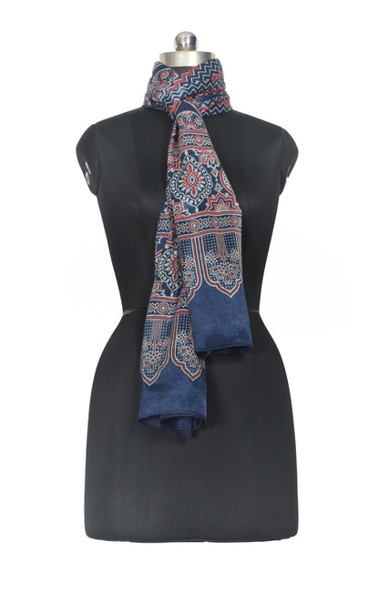 Ajrakh Mashru Silk Screen Print Hand Printed Stole  - 2.1 Mtr Length    -  SKU : JH24202C