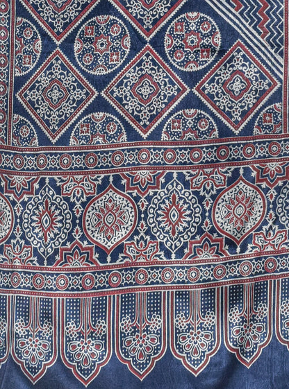 Ajrakh Mashru Silk Screen Print Hand Printed Stole  - 2.1 Mtr Length    -  SKU : JH24202C