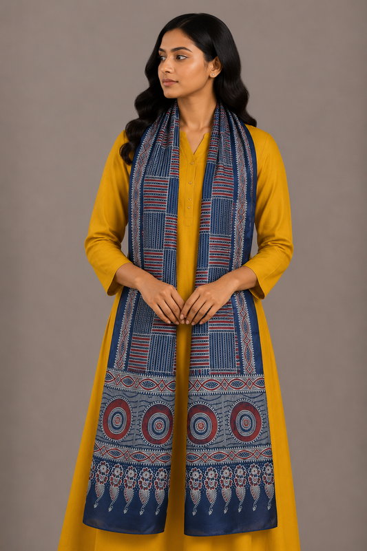 Ajrakh Mashru Silk Screen Print Hand Printed Stole  - 2.1 Mtr Length    -  SKU : JH24202E