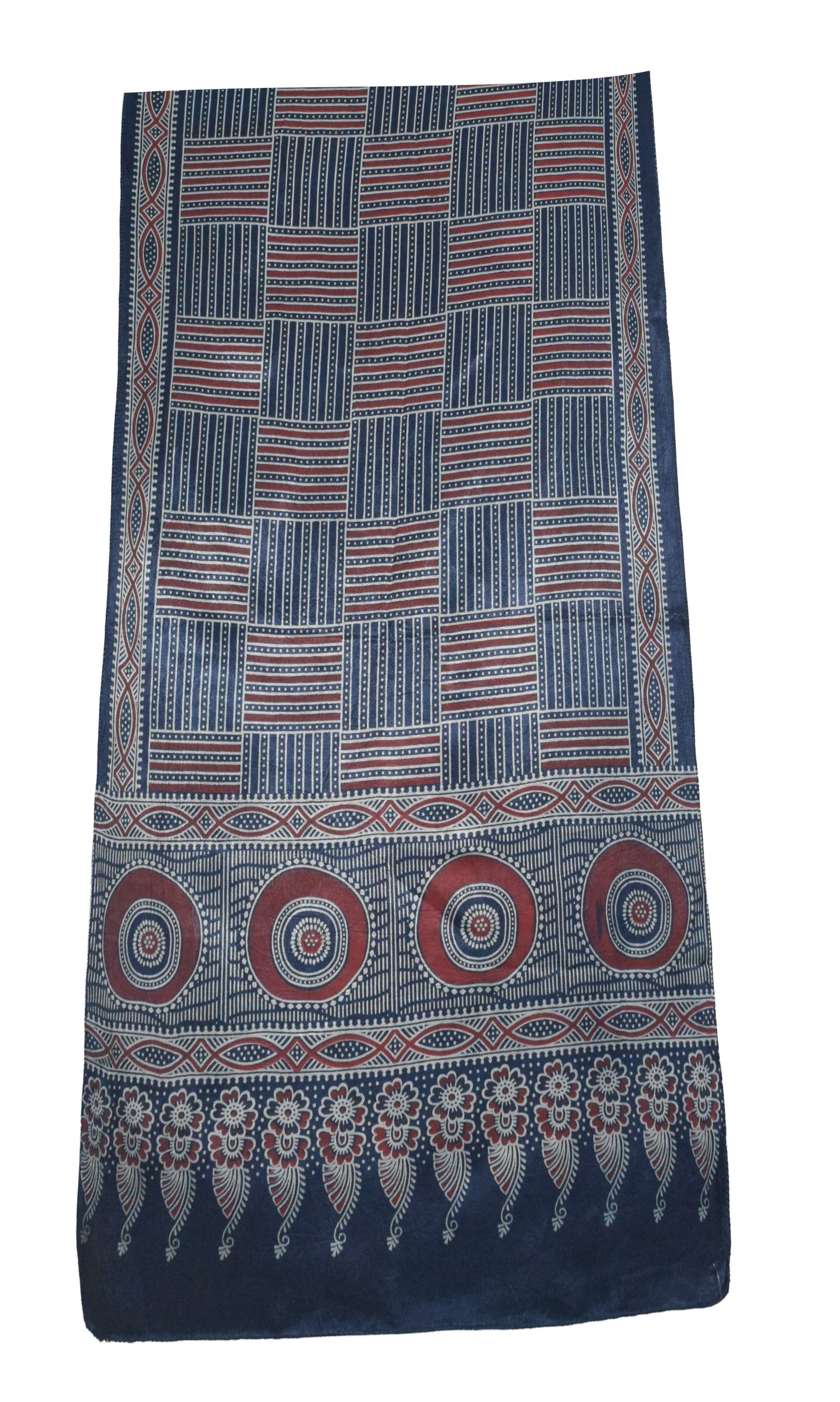 Ajrakh Mashru Silk Screen Print Hand Printed Stole  - 2.1 Mtr Length    -  SKU : JH24202E