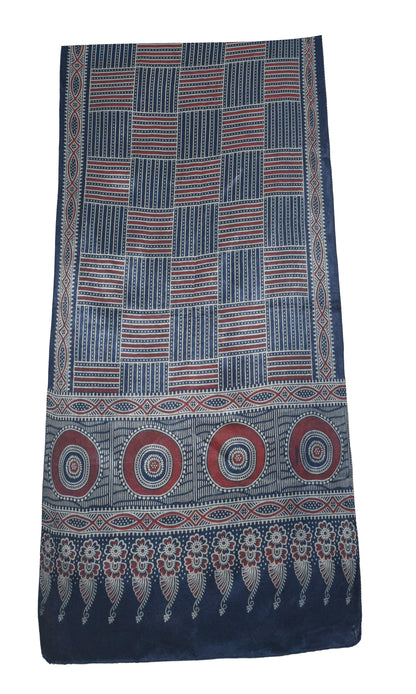 Ajrakh Mashru Silk Screen Print Hand Printed Stole  - 2.1 Mtr Length    -  SKU : JH24202E