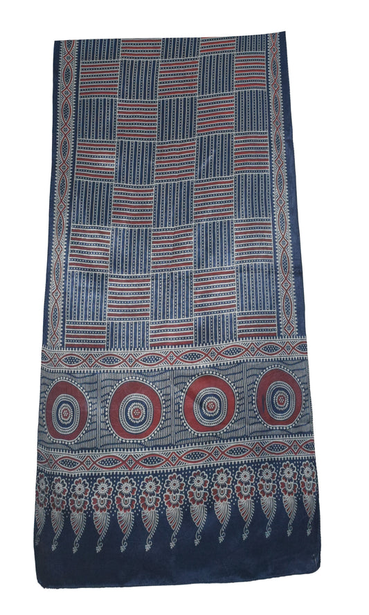 Ajrakh Mashru Silk Screen Print Hand Printed Stole  - 2.1 Mtr Length    -  SKU : JH24202E