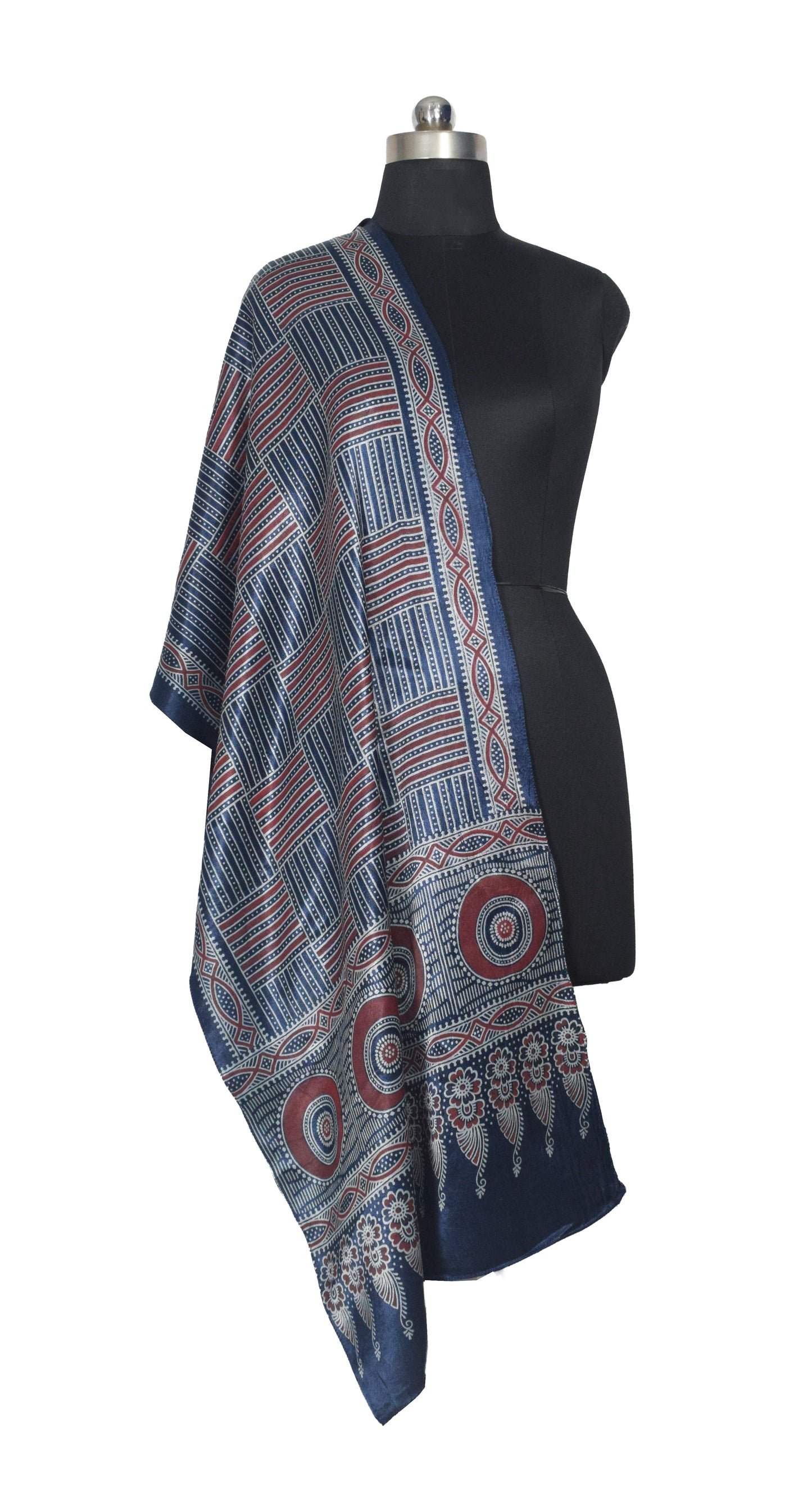Ajrakh Mashru Silk Screen Print Hand Printed Stole  - 2.1 Mtr Length    -  SKU : JH24202E