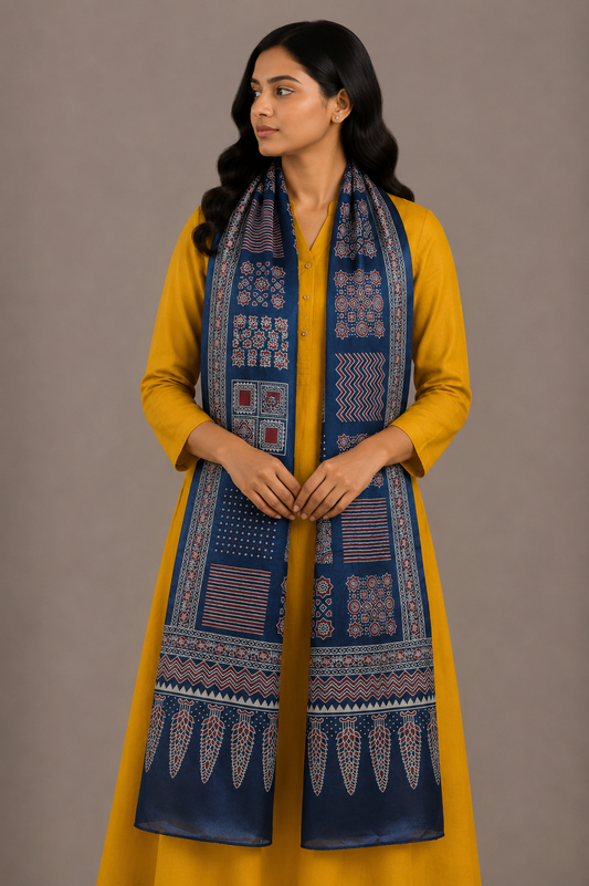 Ajrakh Mashru Silk Screen Print Hand Printed Stole  - 2.1 Mtr Length    -  SKU : JH24202H