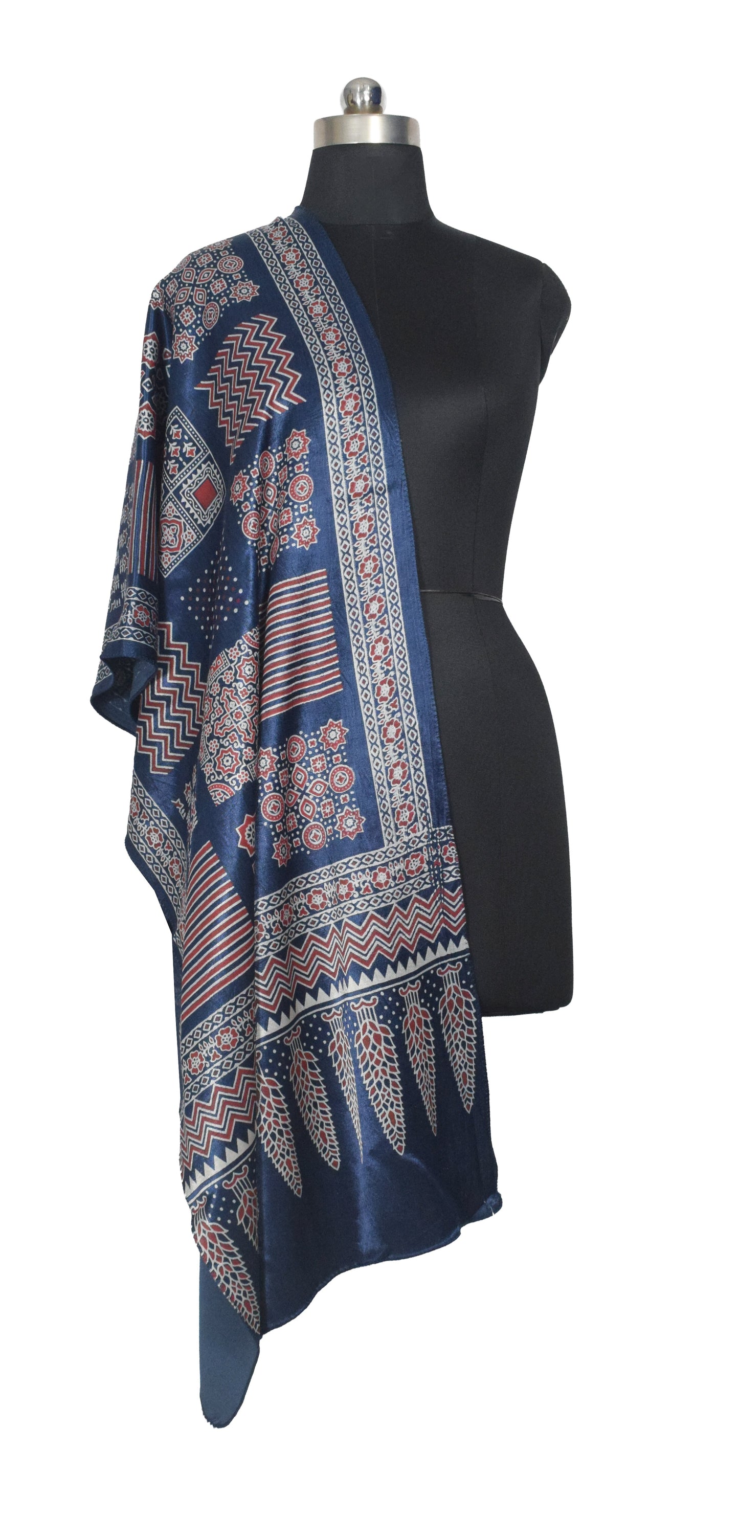 Ajrakh Mashru Silk Screen Print Hand Printed Stole  - 2.1 Mtr Length    -  SKU : JH24202H