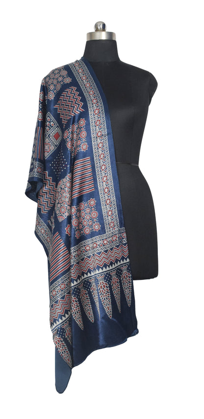 Ajrakh Mashru Silk Screen Print Hand Printed Stole  - 2.1 Mtr Length    -  SKU : JH24202H
