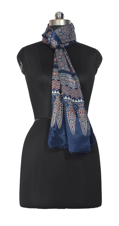 Ajrakh Mashru Silk Screen Print Hand Printed Stole  - 2.1 Mtr Length    -  SKU : JH24202H