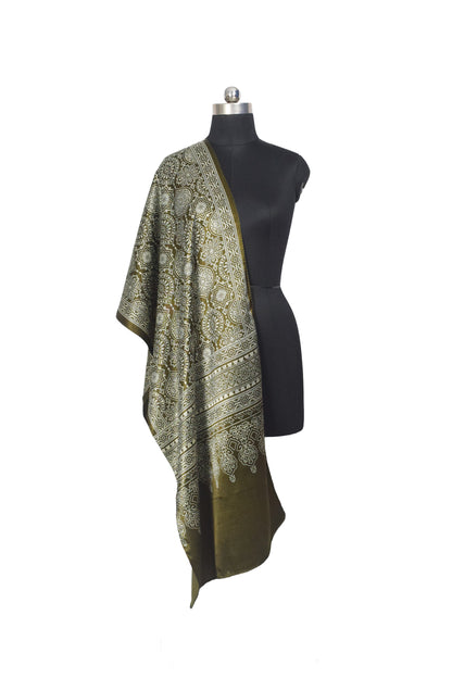 Ajrakh Mashru Silk Screen Print Hand Printed Stole  - 2.1 Mtr Length    -  SKU : JH26101E