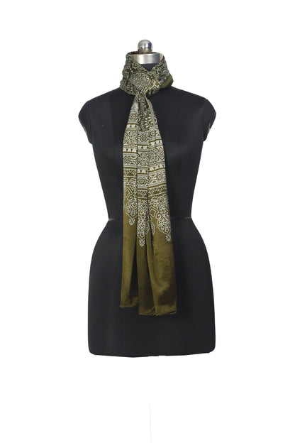 Ajrakh Mashru Silk Screen Print Hand Printed Stole  - 2.1 Mtr Length    -  SKU : JH26101E
