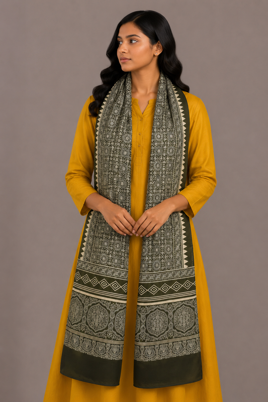 Ajrakh Mashru Silk Screen Print Hand Printed Stole  - 2.1 Mtr Length    -  SKU : JH26101G