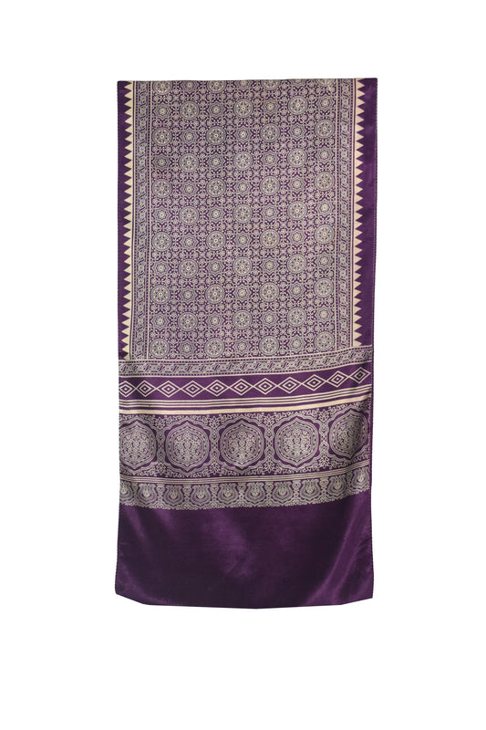 Ajrakh Mashru Silk Screen Print Hand Printed Stole  - 2.1 Mtr Length    -  SKU : JH26101D