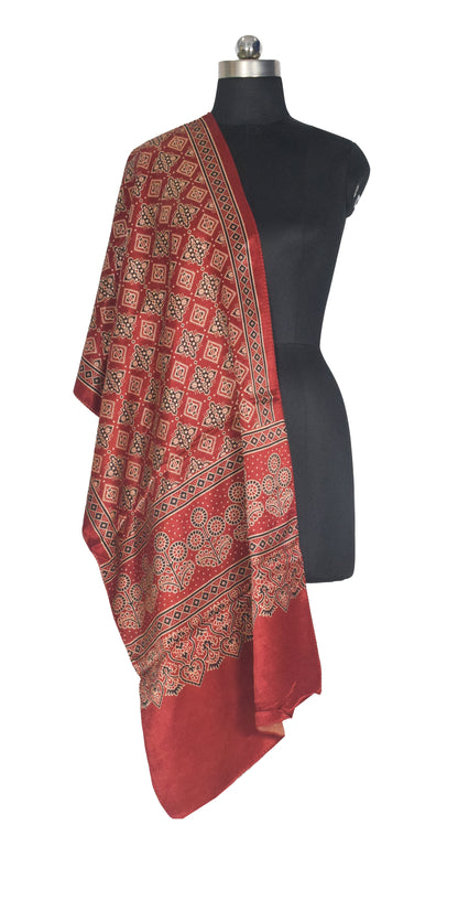 Ajrakh Mashru Silk Screen Print Hand Printed Stole  - 2.1 Mtr Length    -  SKU : EK13401A
