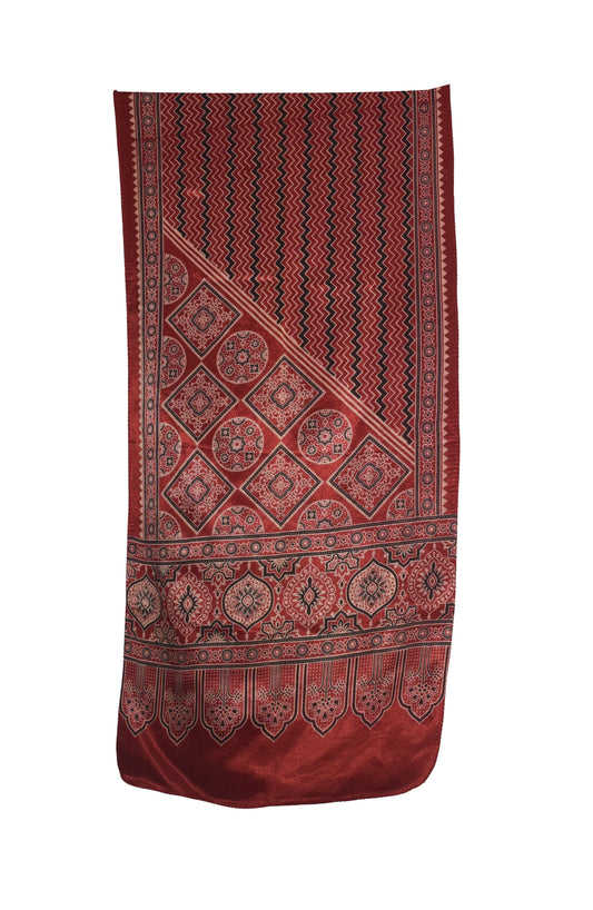 Ajrakh Mashru Silk Screen Print Hand Printed Stole  - 2.1 Mtr Length    -  SKU : JH24202A