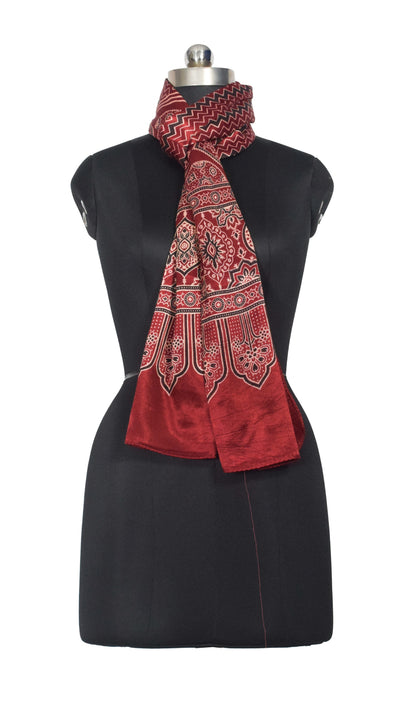 Ajrakh Mashru Silk Screen Print Hand Printed Stole  - 2.1 Mtr Length    -  SKU : JH24202A