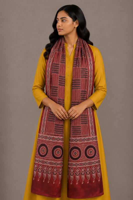Ajrakh Mashru Silk Screen Print Hand Printed Stole  - 2.1 Mtr Length    -  SKU : JH24202D