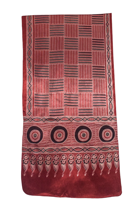Ajrakh Mashru Silk Screen Print Hand Printed Stole  - 2.1 Mtr Length    -  SKU : JH24202D