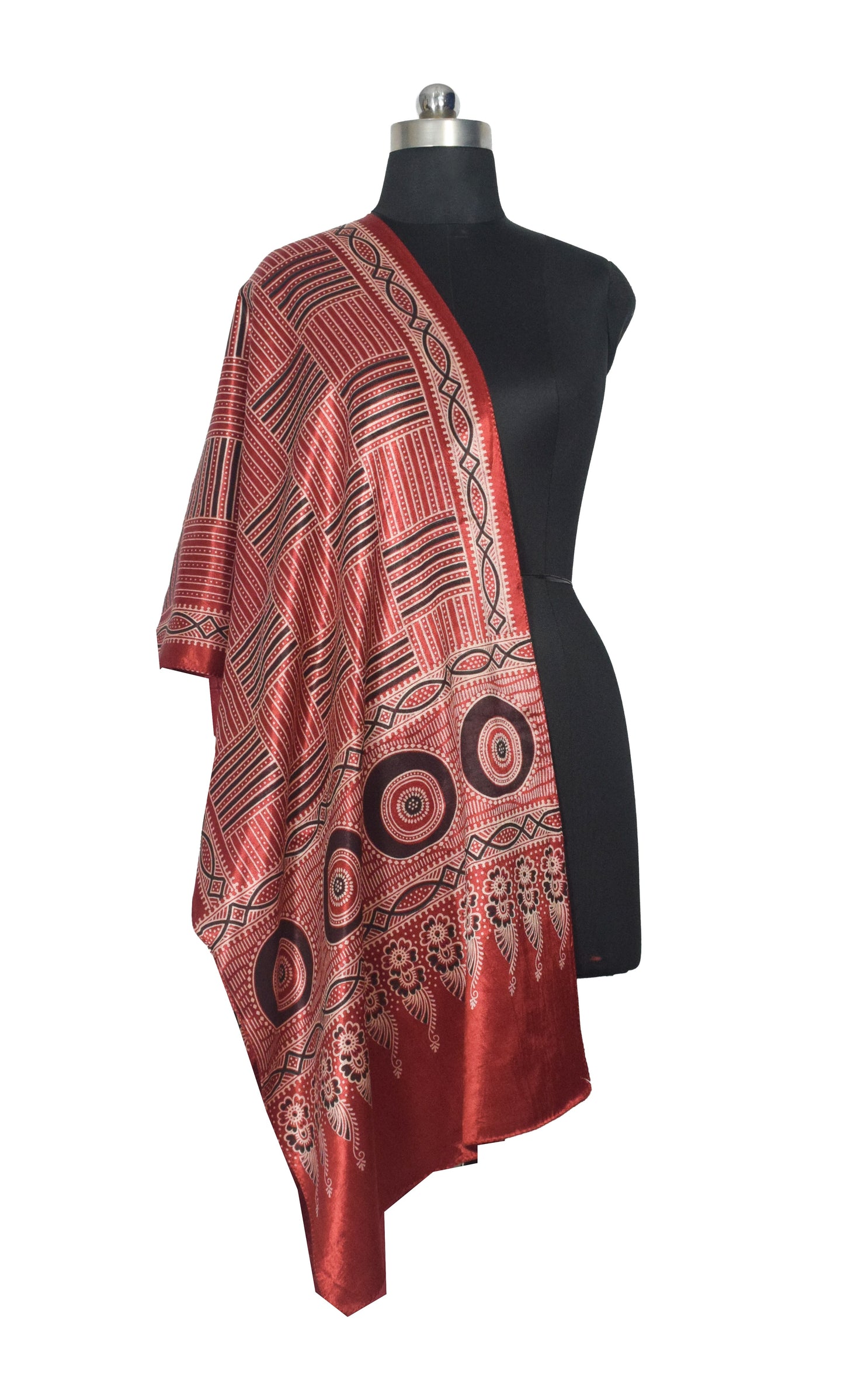 Ajrakh Mashru Silk Screen Print Hand Printed Stole  - 2.1 Mtr Length    -  SKU : JH24202D